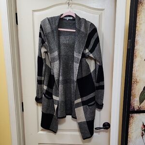 ABSOLUTELY FAMOUS HOODED OPEN FRONT PLAID CARDIGAN
